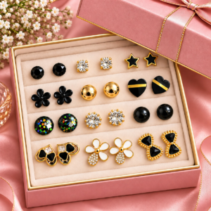 Elegant 12-Pair Black & Gold Stud Earring Collection
