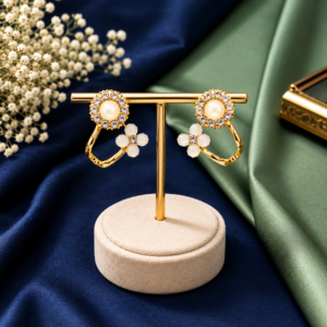 Elegant Gold-Tone Pearl & Crystal Floral Earrings