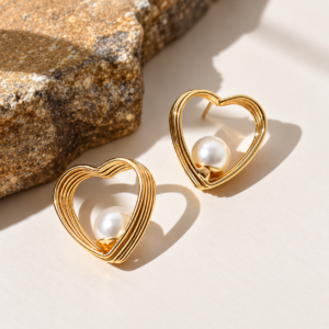 Golden Heart Pearl Stud Earrings